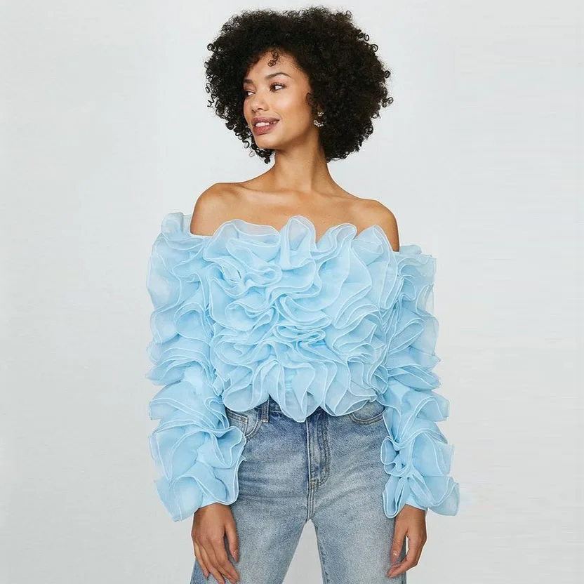 Påstået kronblad Shaded Trendy Ruffle Flower Women Bardot Tops Off The Shoulder Long Sleeves Tiered  Tulle Lady Blouse Blue Chic Crop Tops Custom Made - Jackets - AliExpress