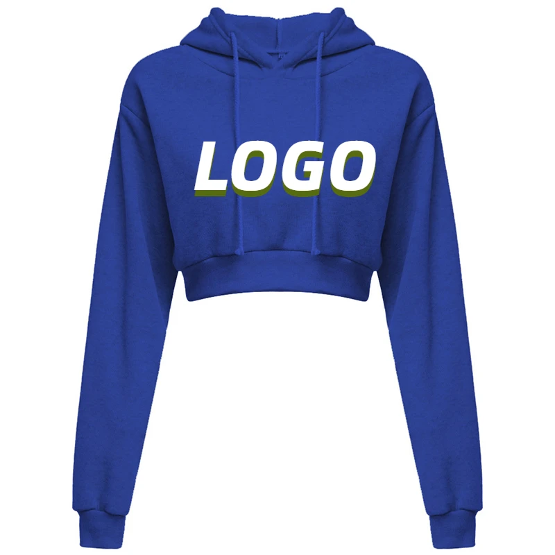 Custom LOGO Womens Cropped Hoodie Short Sweatshirt Plain Pullover Hooded Crop Tops Sexy Casual Long Sleeve Hooded