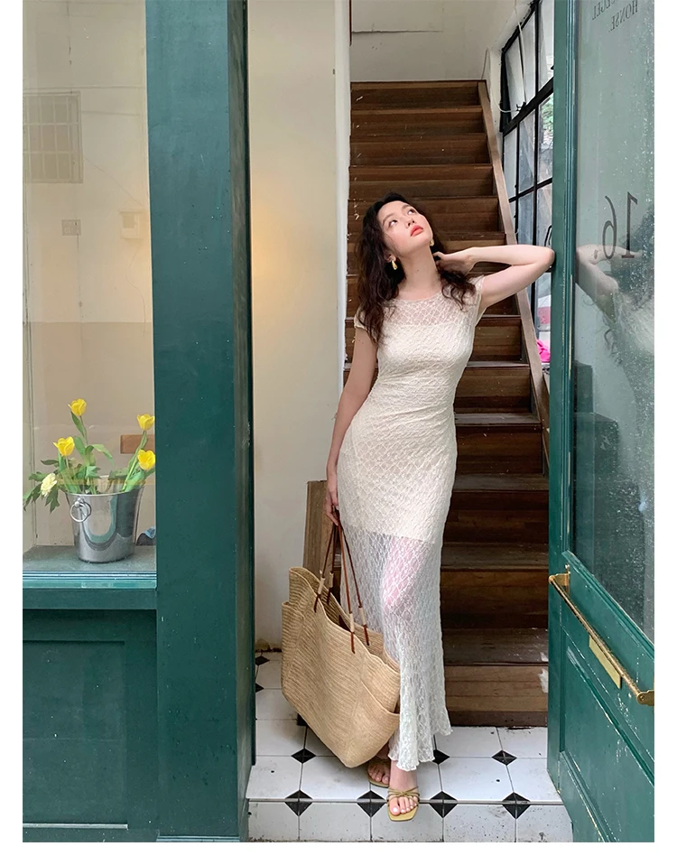 Elegant Mesh Two Piece Dress Set Slim Midi Dresses for Women Frence Retro Lace Y2K Bodycon Birthday Party Dress Prom Vestidos