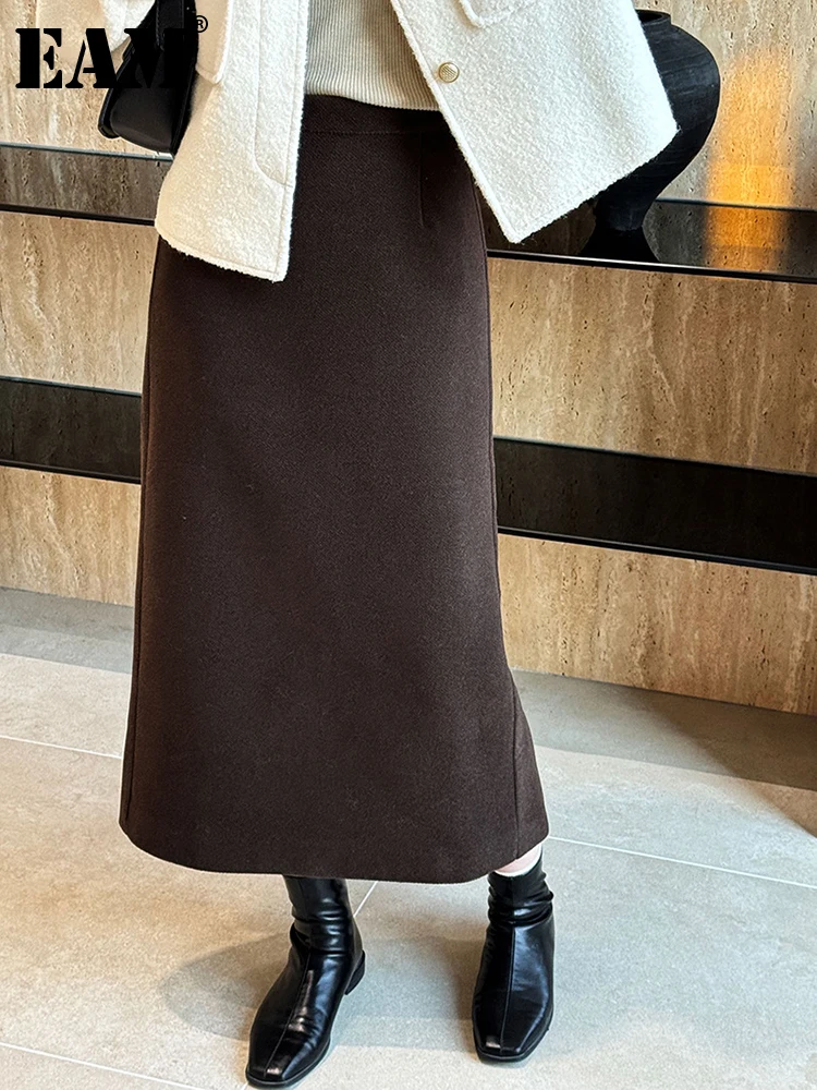 

[EAM] High Waist Coffee Back Slit Elegant Long Woolen A-line Half-body Skirt Women Fashion Tide New Autumn Winter 2024 1DH3320