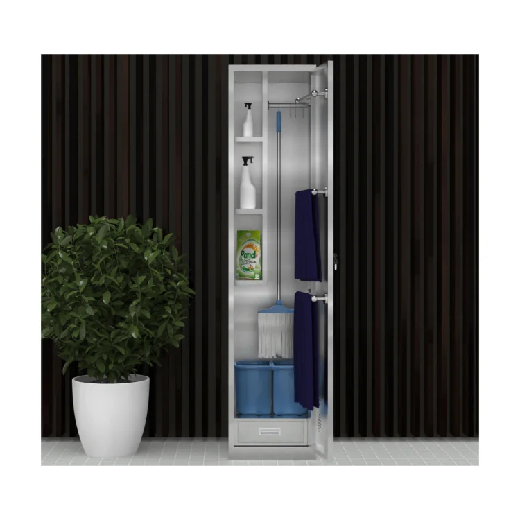 China Made 304 Stainless Steel Locker Bathroom Cabinet For Mop And Broom Anti-corrosion And Anti-rust Cupboard With Legs