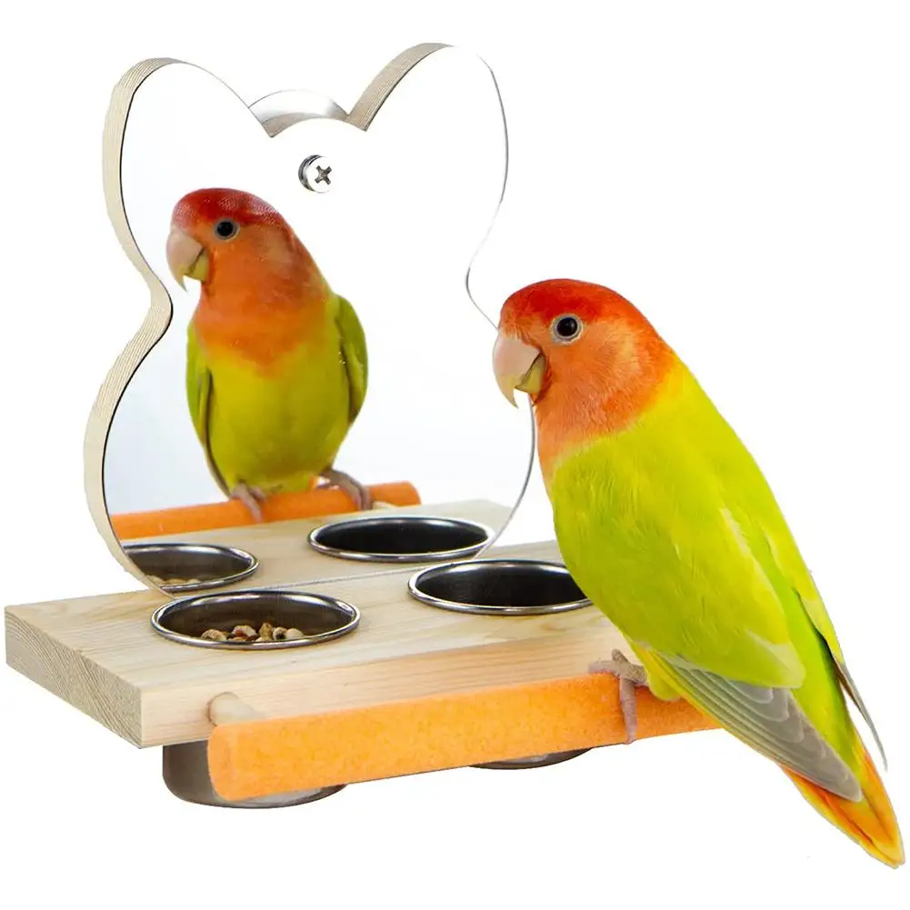 Parrot Mirror Toy with Stainless Steel Feeding Cups Bird Wooden Frames with Cage Perch for Macaw African Greys Budgies Parakeet