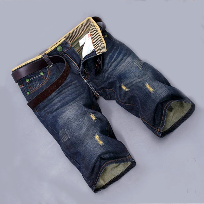 Summer Ripped Jeans Shorts Men Straight Denim Shorts Male Fashion Casual Work Denim Mens Clothing No Belt