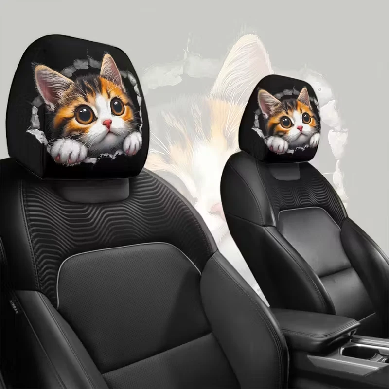 2PCS süße orange Katze Auto Kopf Kissenbezug, lustige doppelseitige Druck modische staubdichte Kopf Kissenbezug – Detail 6
