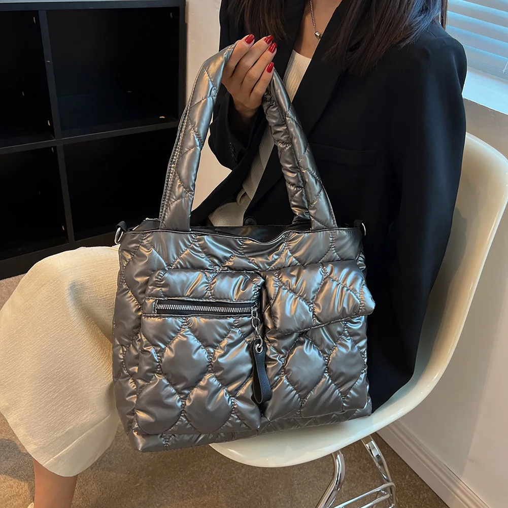 Fashion Winter Down Nylon Padded Handbags Female Large Capacity Top-Handle Bags Solid Color Crossbody Bags Women Shoulder Bags
