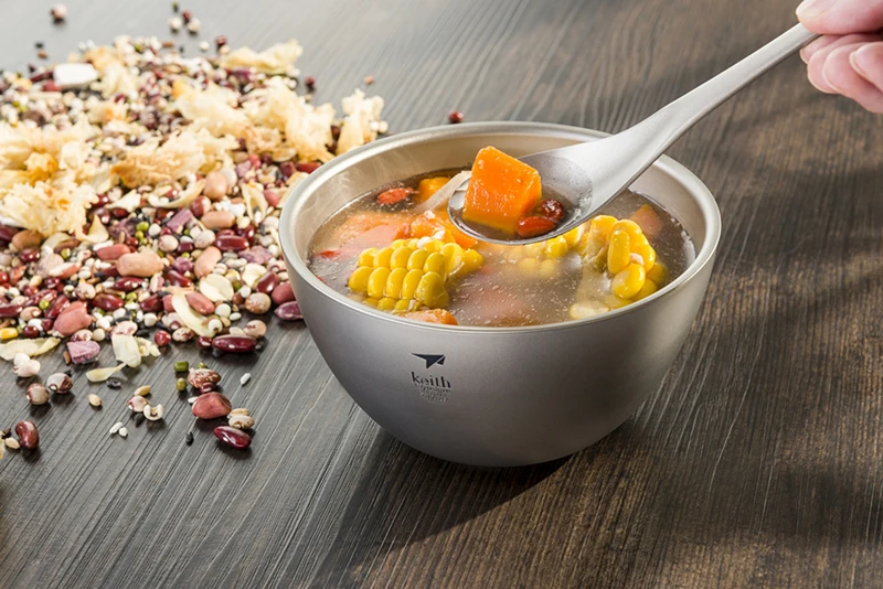 Keith-Ultralight Portable Titanium Double-Wall Bowl, Outdoor Picnic Camping Tableware Titanium Rice Soup Bowl 550ml, Ti5354