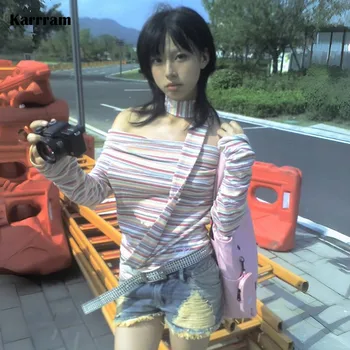 Karrram T-shirt giapponese Y2k con spalle scoperte con sciarpa Trashy anni 2000 Top a righe arcobaleno stile manica lunga Vintage Harajuku anni '90 1