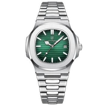 POEDAGAR Square Luxury Wristwatch For Men - Waterproof Luminous Date - Stainless Steel - Quartz - Silver Green