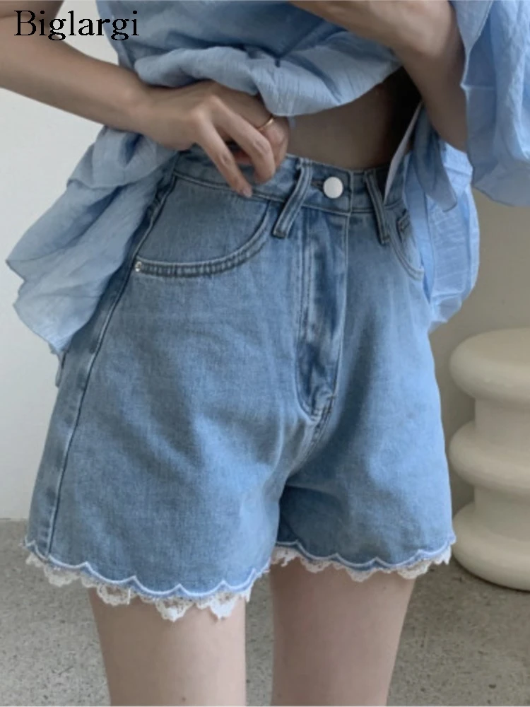 

Джинсовые летние мини-шорты с высокой талией, женские кружевные модные милые свободные широкие брюки в стиле пэчворк, женские повседневные шорты