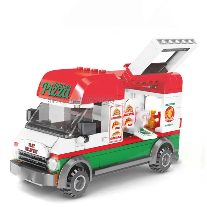 601305   240pcs 도시 피자 밴 상점 거리 테이크 아웃 테이크 아웃 자동차 빠른 배달 2 인형 빌딩 블록 장난감 어린이