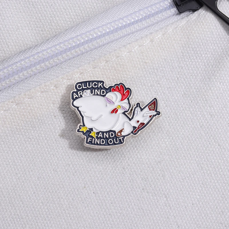 

Animals Cock Brooch Chicken Enamel Pins Cartoon Cluck Around and Find Out with Knife Badge Backpack Clothes Lapel Jewelry Gift