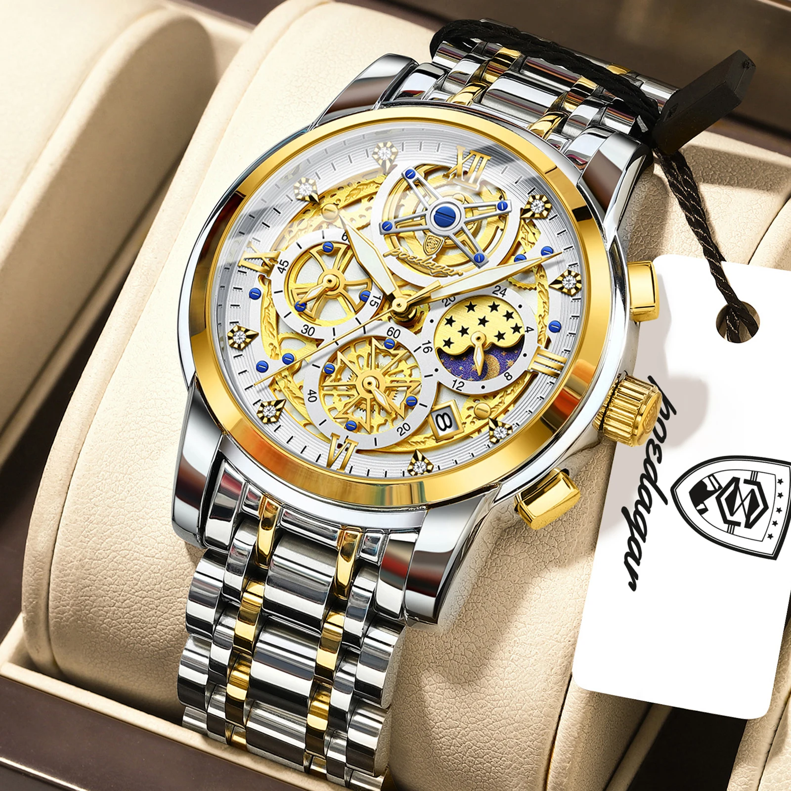 Hochwertige Herrenuhr aus Edelstahl, Datumsanzeige, Chronograph, Quarzwerk, wasserdicht, Leuchtzeiger_voghion.com