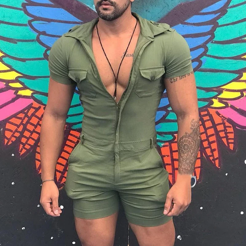 

Vintage Zip-up Slim Mens Jumpsuits Summer Sexy Skinny Tight Playsuits Men Streetwear Trendy Solid Color Shorts Romper Overalls