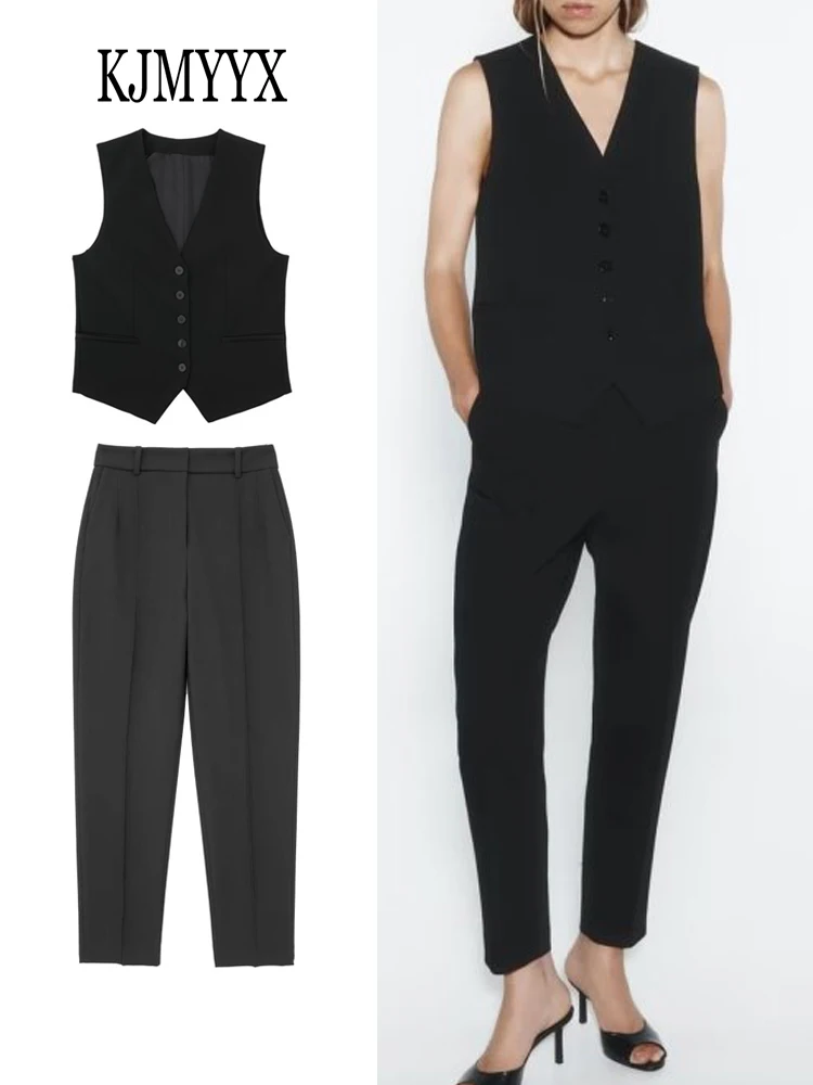 

KJMYYX Pants Sets for Women Fashion Sleeveless Vest Summer Female Casual V-Neck Tank Tops+Elegant Solid Pencil Pants