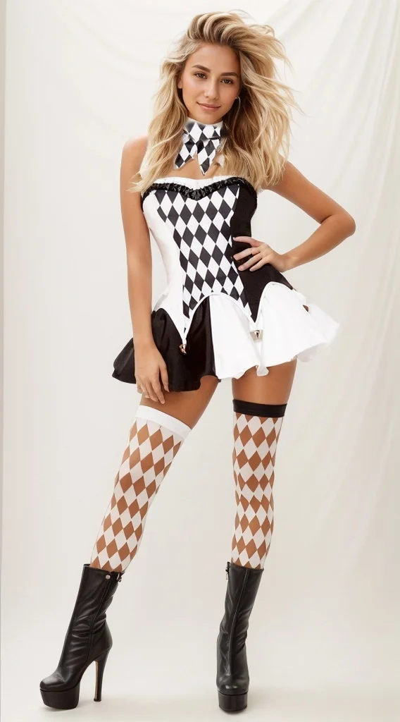 Deluxe Harlequin Burlesque Black White Checker Halloween Costume 2024 New Women Faddish Fashion Clown Costume