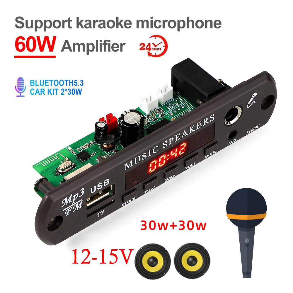 Bluetooth Audio Adapter Fm Transmitter Car Mp3 Player Bluetooth Music Player Bluetooth 5.3 decoding board MP3 12-15V Decoder Board Clock Time Display Microphone Car FM Radio USB TF Music Player Speaker
