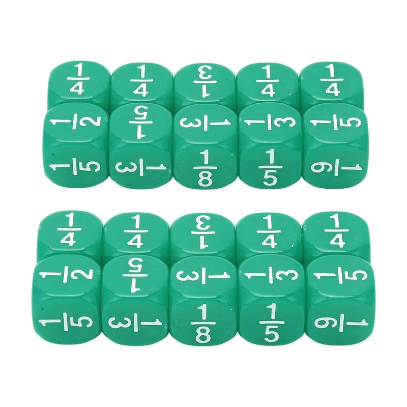 

20Pcs 6 Sided Math Fraction Dice Rounded Fractional Dice Teaching Dice Set Green