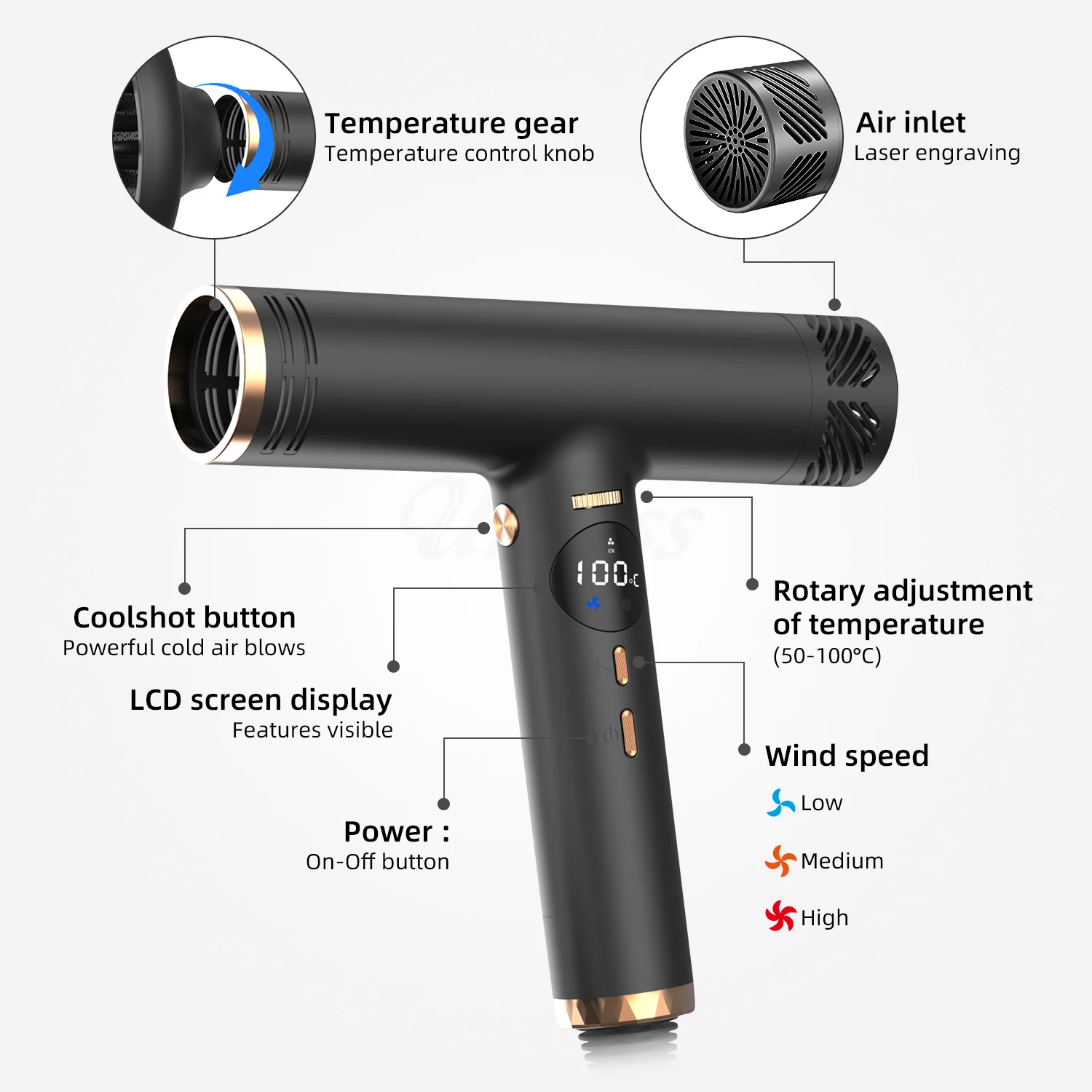 Ionic Hair Dryer High Speed Blow Drier 1600W 110000rpm Hairdryer Negative Ion Hair Care Styler Professional Low Noise Blow Dryer