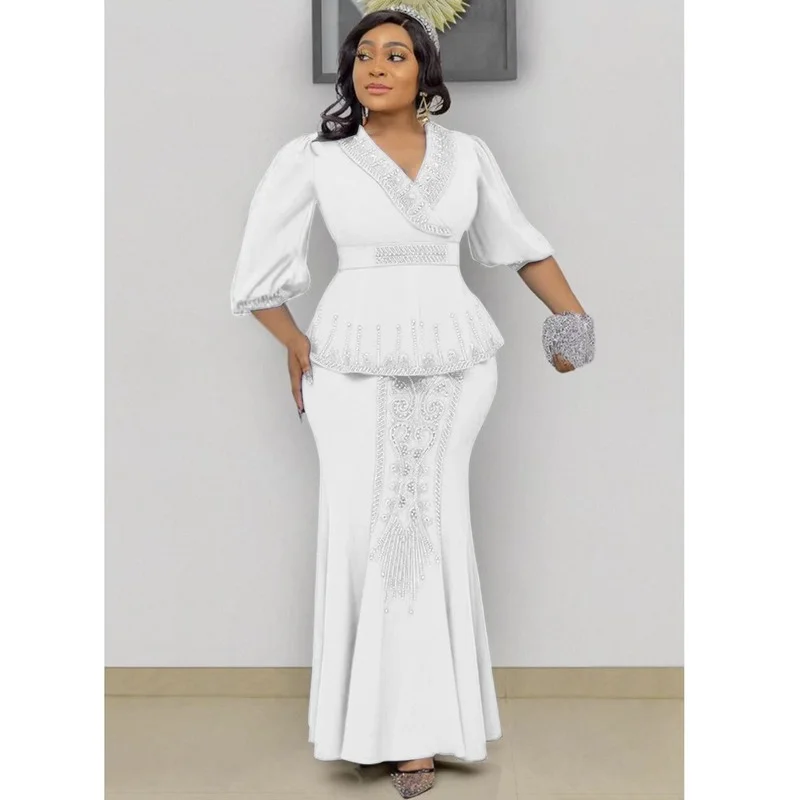 

2022 Autumn African Women Half Sleeve V-neck Polyester Blue Black Yellow White Two Pieces Sets Top and Skirts African Suit