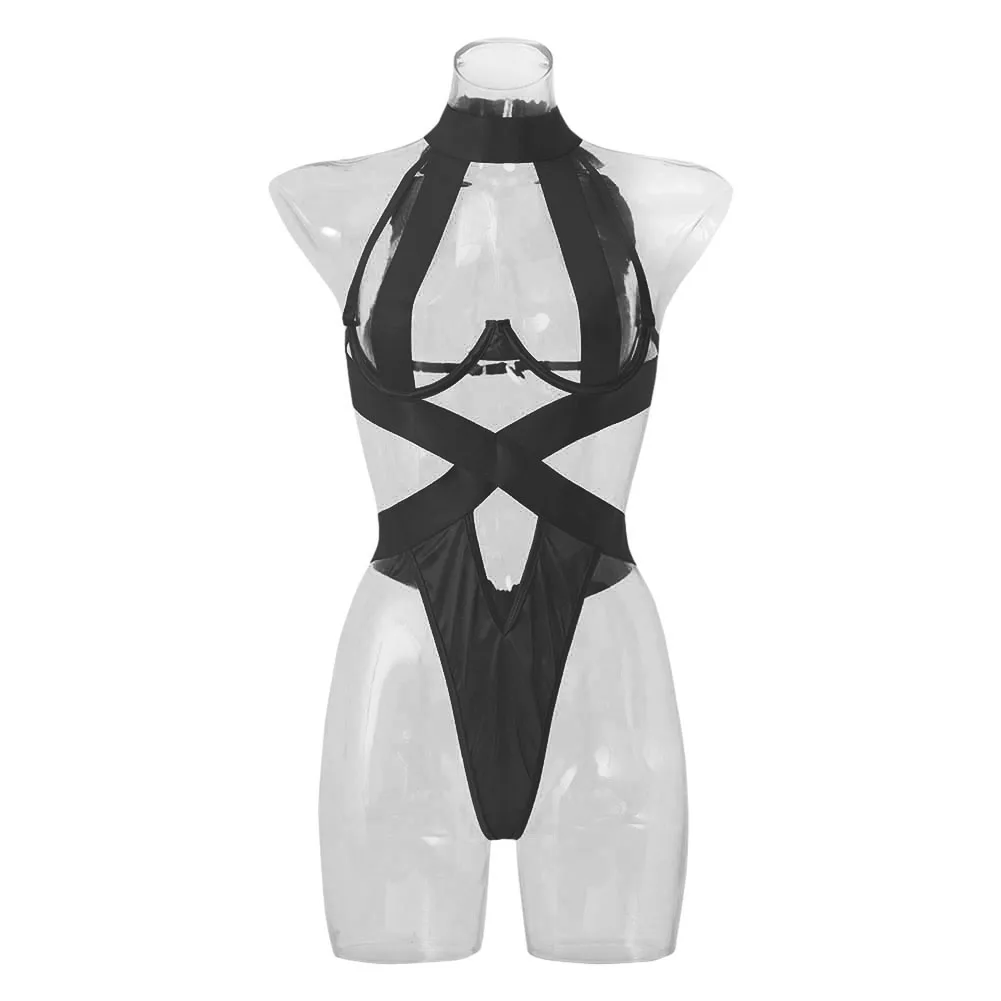 

Women Sexy Hollow Out Bandage Bodysuit Halter Neck See Through Jumpsuit Erotic Lingerie High Cut Leotard Clubwear Underwear