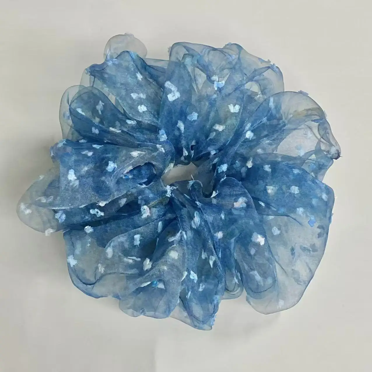 1PC Blue Organza Scrunchie, Sheer Hair Accessory with White Patterns, Great for Creating Elegant Braided Styles