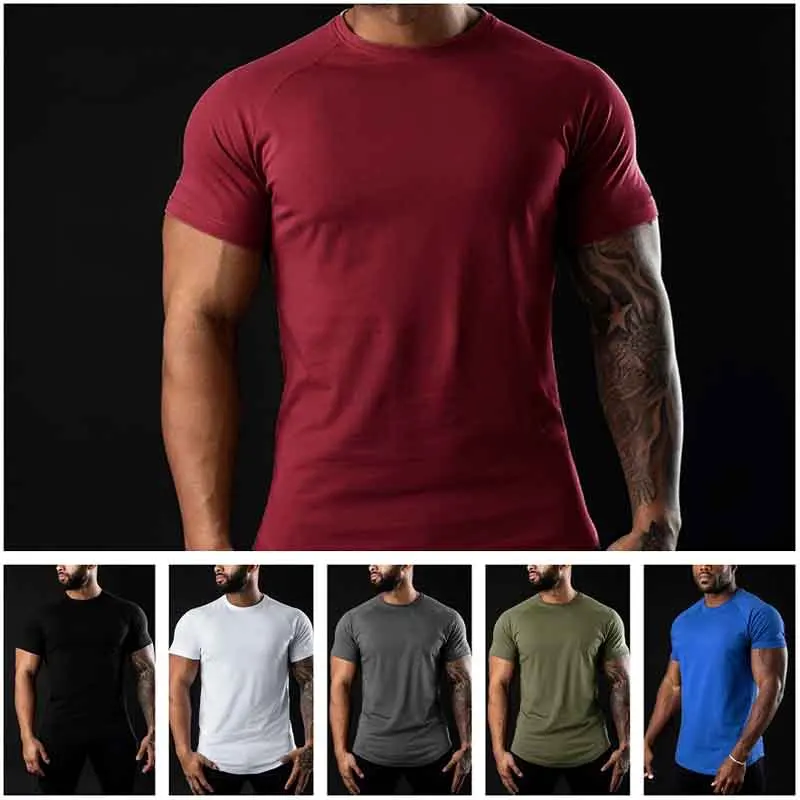 Men Cotton Gym T-Shirt Short Sleeve Round Neck Casual Tops Slim Fit Breathable