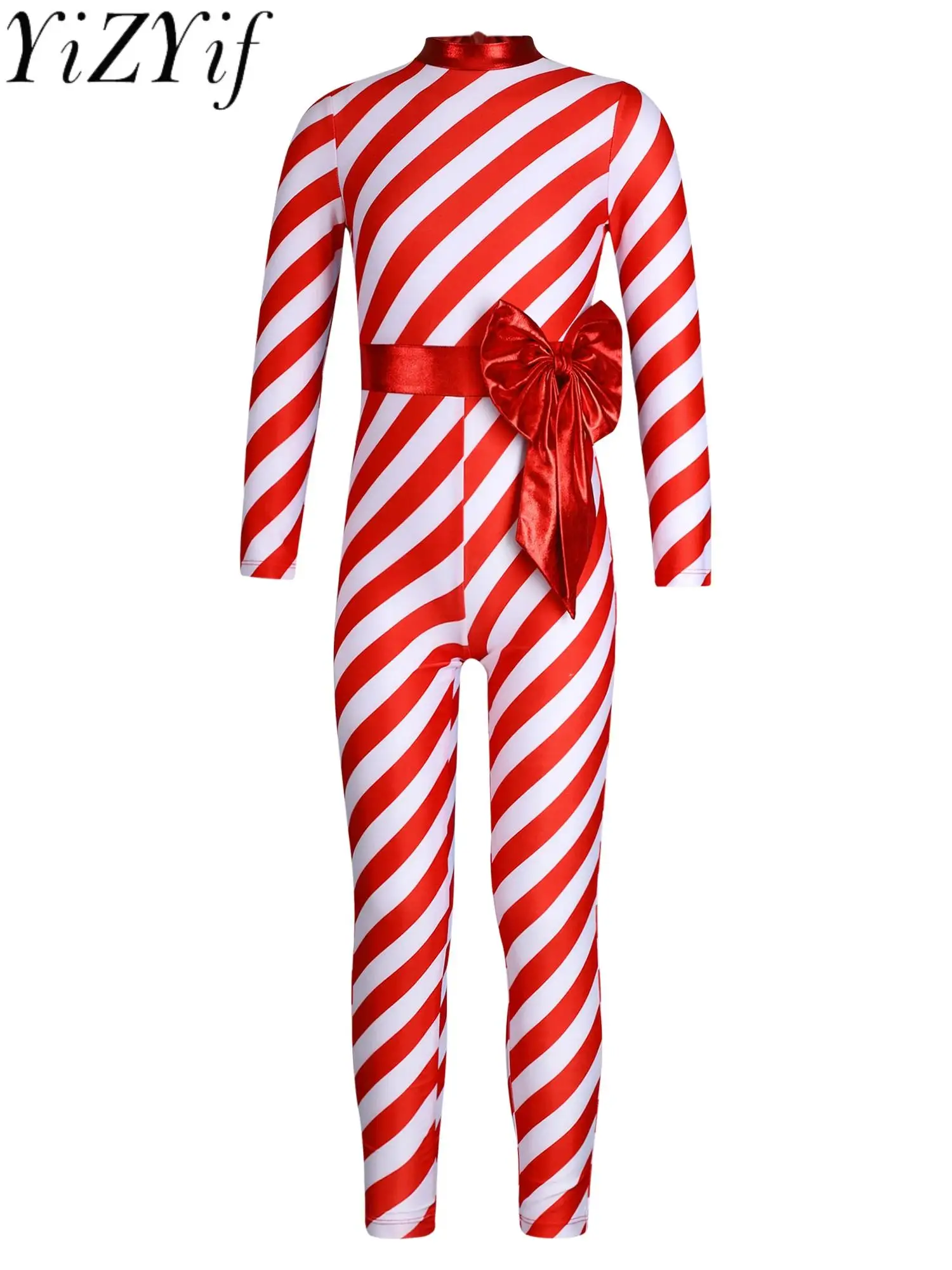 

Kids Girls Candy Cane Christmas Performance Costume Leotard Xmas Santa Claus Cosplay Long Sleeve Striped Bodysuit Jumpsuit