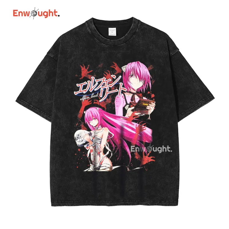 Anime Elfen Lied T Shirt Vintage Washed Y2K Manga Pattern Top Tees