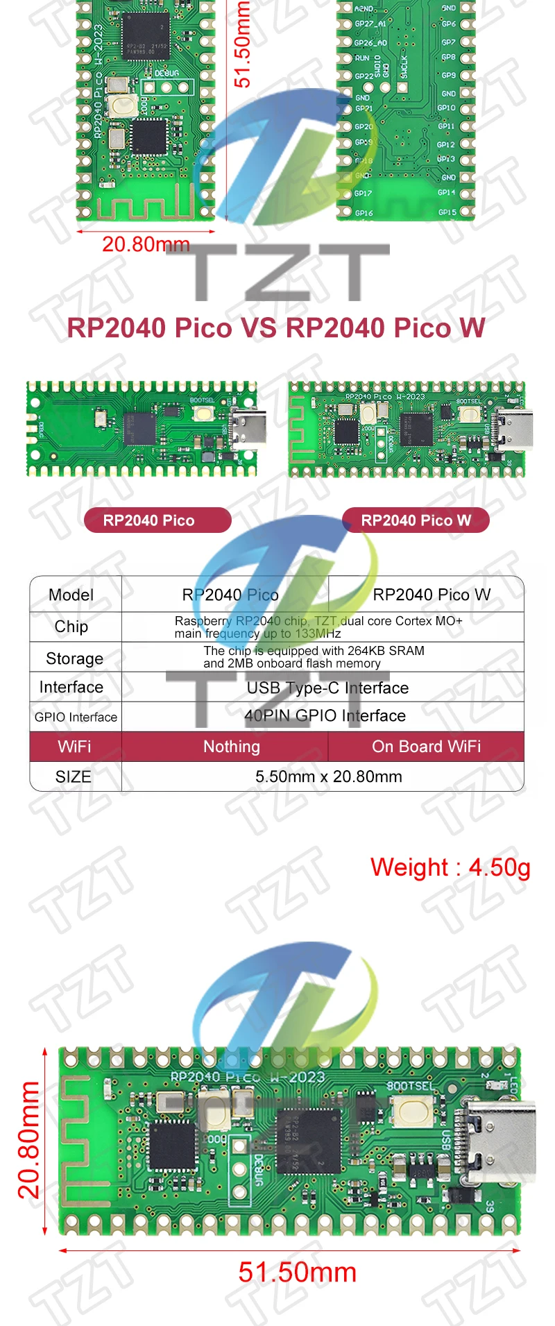 1/3 Stück RP2040 Raspberry Pi Pico W Board mit 2,4G Micro Dual-Core 264KB ARM Cortex-M0 Modul – Detail 2