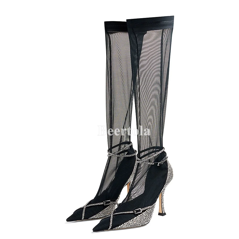 

Sexy Rhinestone Lace Mesh Stretch Boots Lady Pointed Toe Buckle Strap Women's High Heel Sandals Boot Elegant Party Evening Shoes