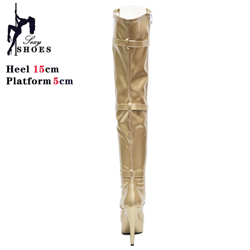 Golden Silvery Sexy Belt Buckle Women's Boots Over-the-knee Boots 15CM Stiletto Ladies Boots Pole Dancing Shoes Thigh Boots Lady