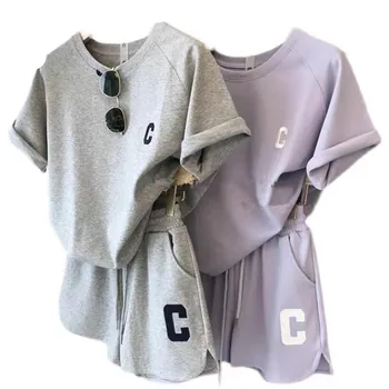  2 Piece Set Women Summer Loose Short Sleeve T-Shirt Casual Shorts Sports Print Letter Casual Suit Large Size Short Pajamas 6