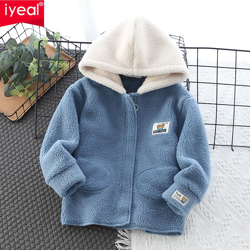 IYEAL 아동용 봄 중간 길이 윈드브레이커 재킷 플리스 후드 가디건 가을 겨울 따뜻한 플리스 두꺼운 후드 따뜻한 상의