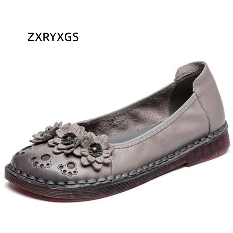 

ZXRYXGS Classic Flowers Retro Women Fashion Flats 2024 New Spring Genuine Leather Shoes Flat Soft Sole Comfortable Trendy Shoes