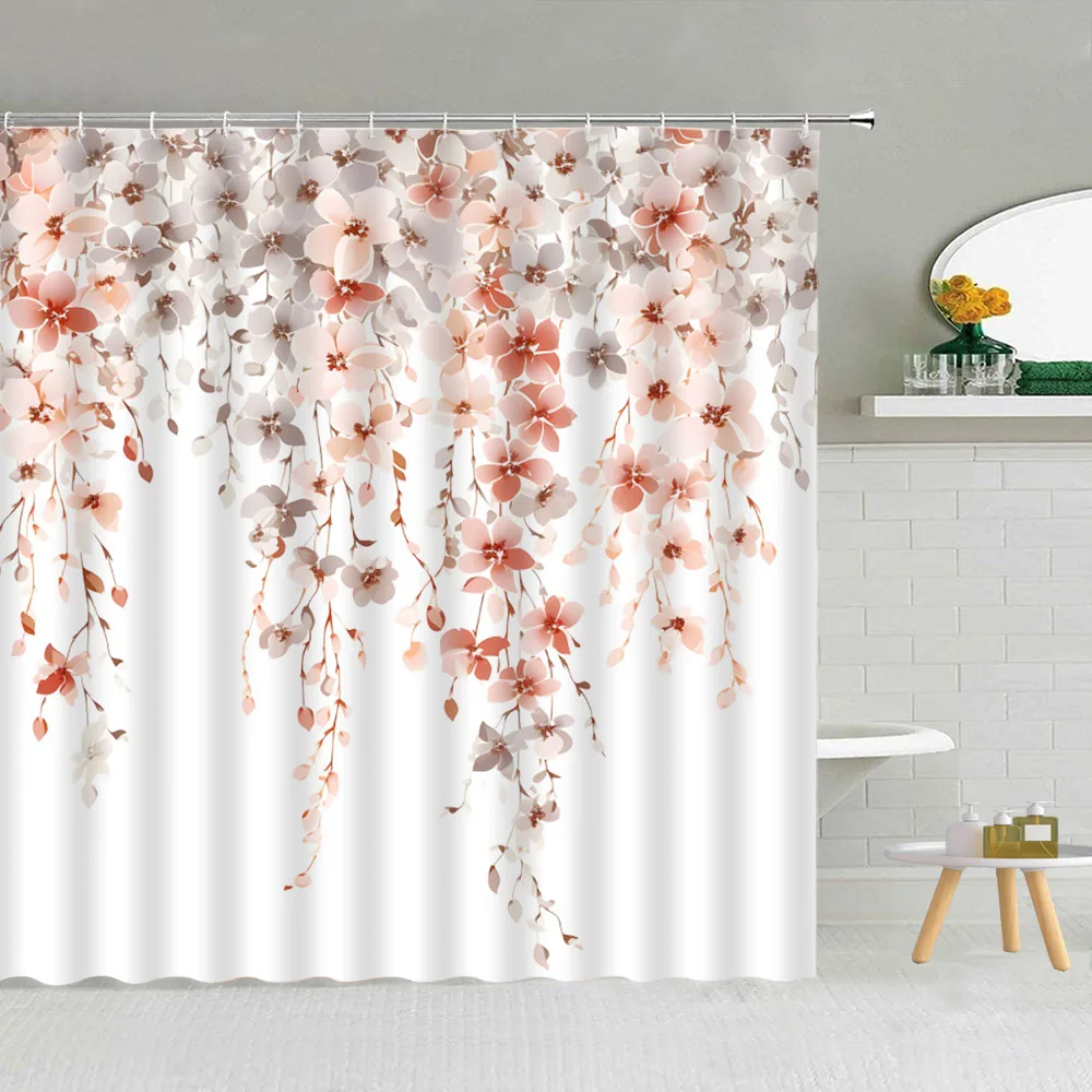

Watercolour Floral Shower Curtain, Spring Greenery Bird Butterfly Leaf Modern Rustic Simple Printed Bathroom Decoration