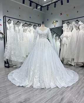 Hire Lnyer Crystal 3D Flowers Beading Pearls Sequins Sequins Appliques Shiny Long Sleeve Ball Gown Wedding Dress Real Photos 1