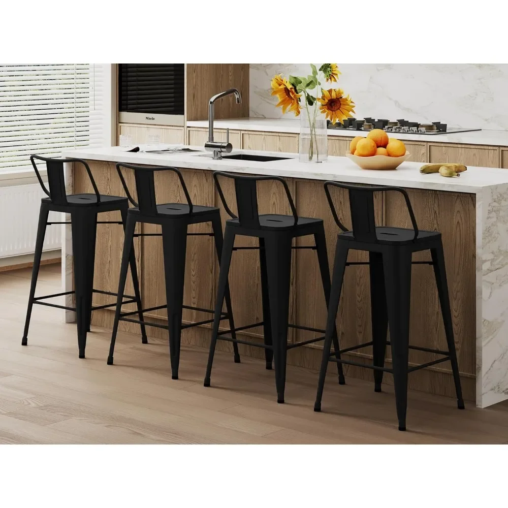 Café Furniture Sets, Metal Barstools Set of 4 Industrial Bar Stools with X-brace Support, Matte Black, Café Furniture Sets