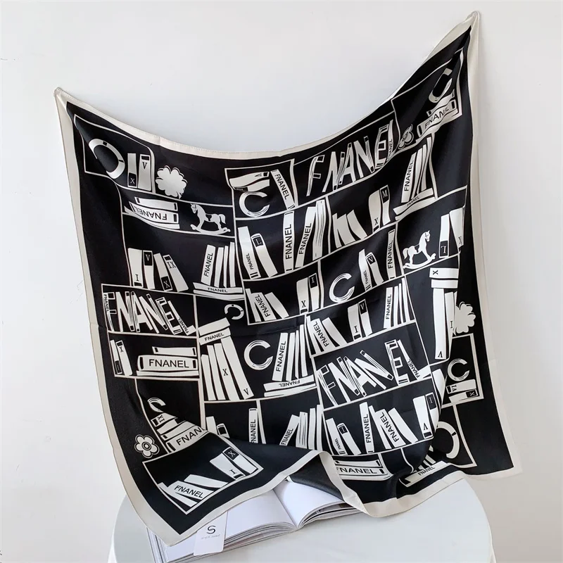 

Дизайнерский шарф 90 см, Женская шаль, черные буквы, силуэт, саржевый Шелковый головной платок, шарф, женский головной платок, квадратный шарф, женские шарфы