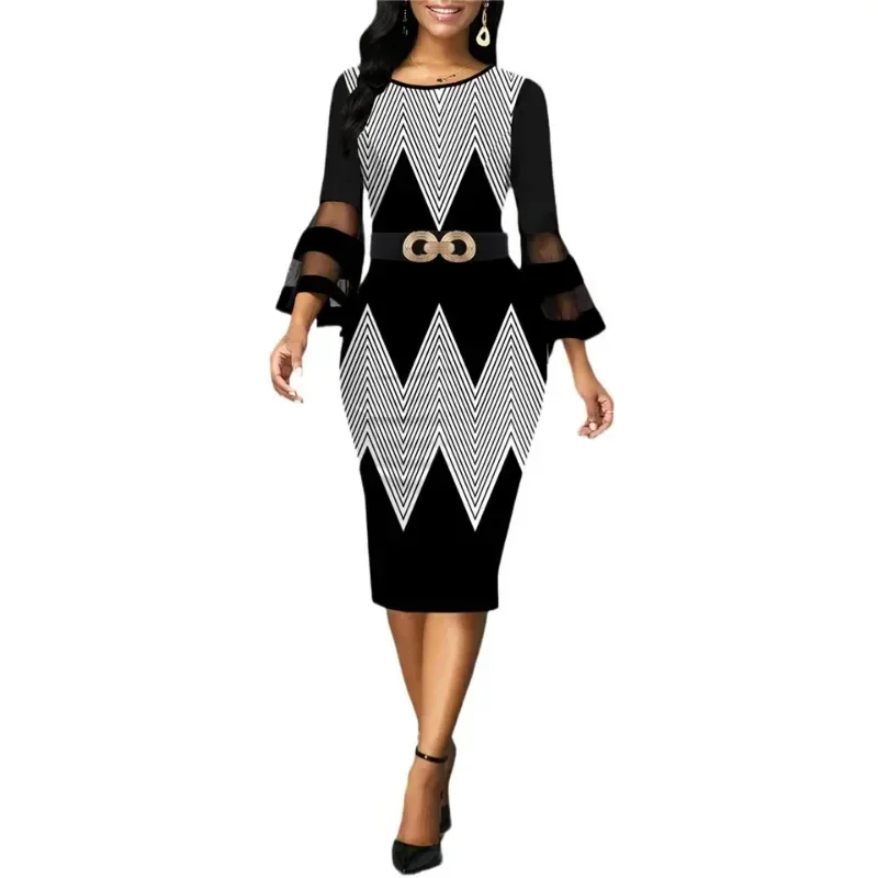 

Fashion Digital Print Pencil Dress for Women Mesh Patchwork Design Belt Decor O-Neck Mid Waist Flare Wrist Sleeve Slim Hip Dress