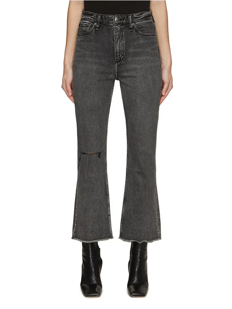 

Denim Ankle-Length Pants for Women 2024 Spring Tassel Cut Out Stretch Flared Loose Casual Jeans
