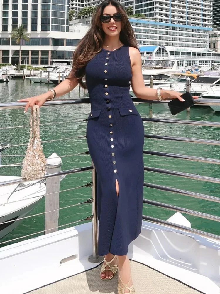 Vestido largo de punto sin mangas para mujer, traje elegante con