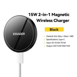 Essager 2 - in - 1 Magnetic Wireless Charger with Holder - Portable Fast Charging, 15W (Black)