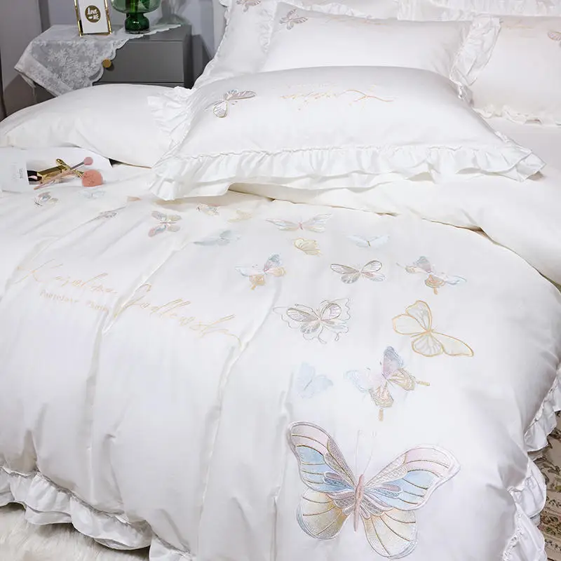 

High End Butterfly Embroidery White Bedding Set Luxury Egyptian Cotton Solid Color Ruffles Duvet Cover Bed Sheet Pillowcases