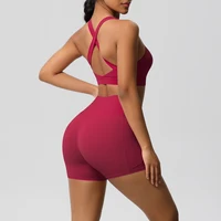 2 pièces vêtements de sport avec poche Yoga ensemble vêtements de sport costumes de Yoga pour femmes survêtements Shorts de sport soutien-gorge croisé Leggings de gymnastique 6