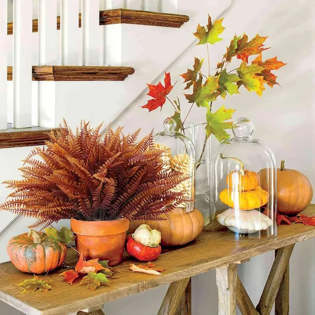 12 Pack Artificial Fall Ferns - Orange Boston Fern Plants For Outdoor Autumn Decor