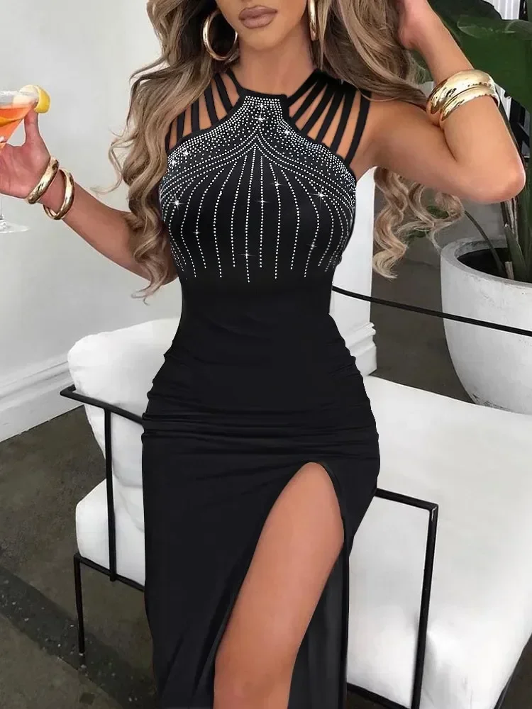 

Sexy Women Elegant Black Cocktail Party Prom Evening Chic Formal Occasion Dresses Split Bridesmaid Short Gala Dress Clothes