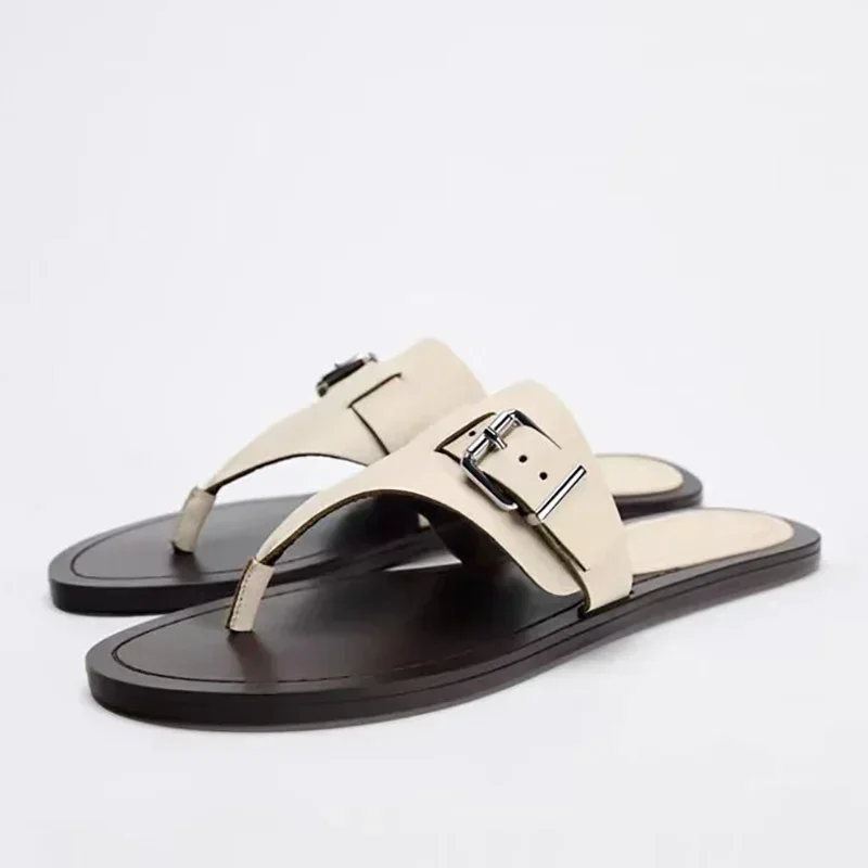 Women Flat Flip Flops 2025 Summer Luxury Brand Buckle Belt Ladies Beach Shoes Non-slip Sole Outdoor Breathable Leisure Slippers 1