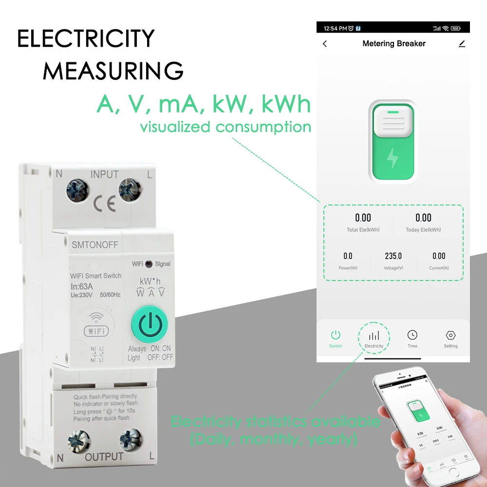 Energia Inteligente, Wattmeter, Monofásico, Trilho Din 63A,