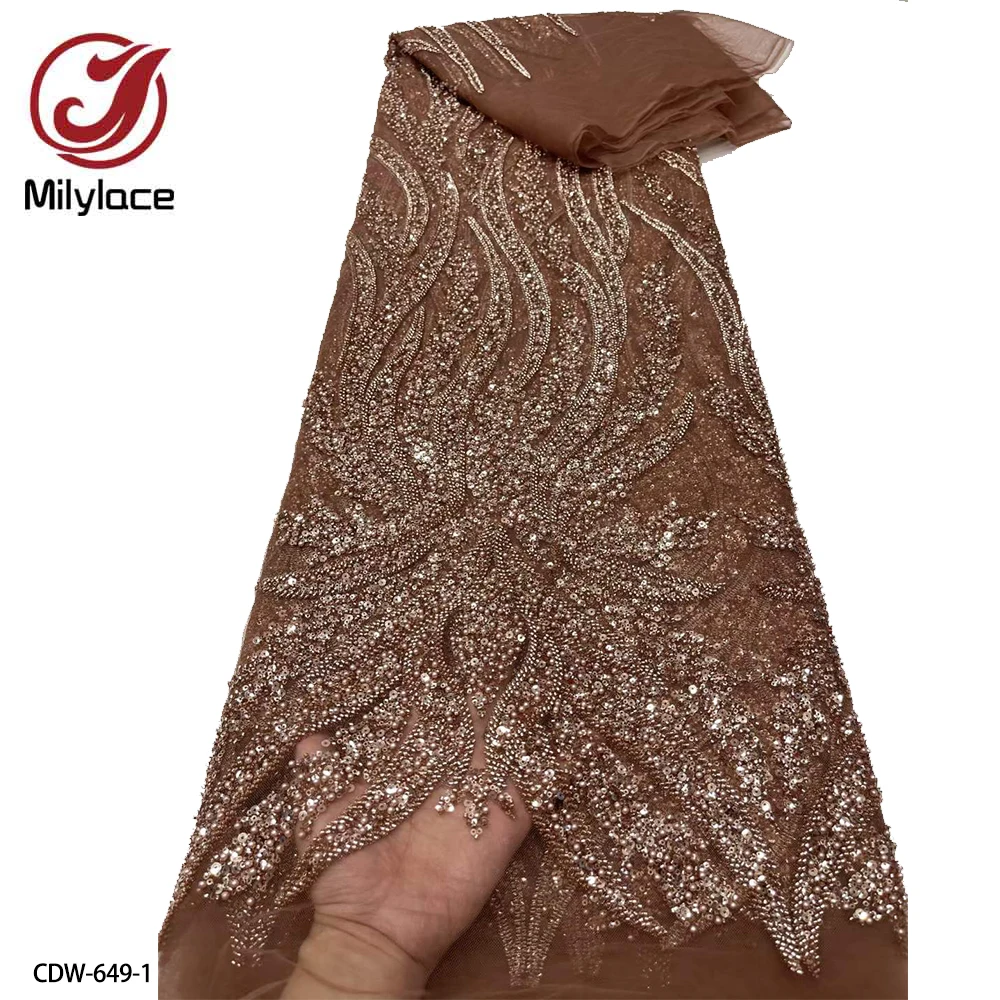 

Luxury Nigerian Sequins Lace Fabric 2023 High Quality Embroidery Hand Made Heavy Beaded Lace Fabric for Wedding Party CDW-649