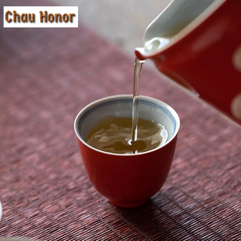 2pc/Set Coral Red Glaze Ceramic Tea Cup Household Single Teacup Personal Master Cup Small Guest Cup Kung Fu Puer Tea Ceremony